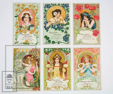 [A2_62-63_GCx6] Cromos Litografiados de Gaspar Camps Modernismo Principios 1900 - Mujeres Modernistas y Motivos Florales