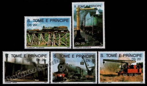 [st_960-64_xs] Santo Tomé y Príncipe 1989 Yvert 960-64, Trenes y locomotoras de vapor - MNH