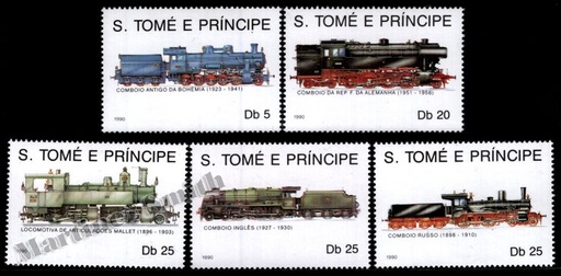 [st_997-1001_xs] Santo Tomé y Príncipe 1990 Yvert 997-1001, Trenes y locomotoras de vapor - MNH