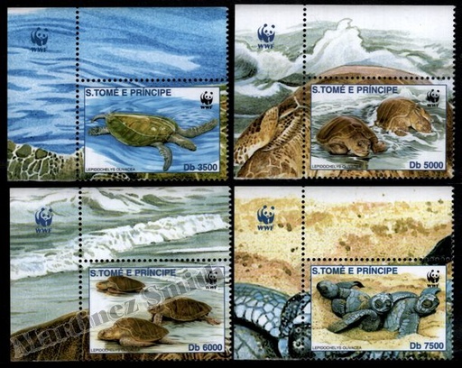 [st_1321-24_clrj] Santo Tomé y Príncipe 2001 Yvert 1321-24, Protección de la fauna, Reptiles, Tortuga marina, WWF - MNH